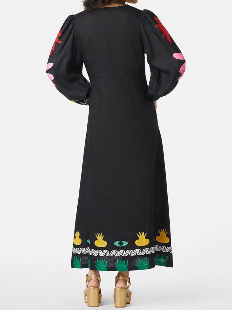 Deep V Neck Printed Bell Sleeve Maxi Dress