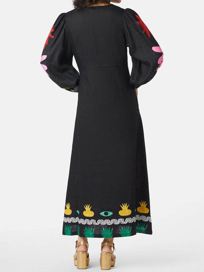 Deep V Neck Printed Bell Sleeve Maxi Dress