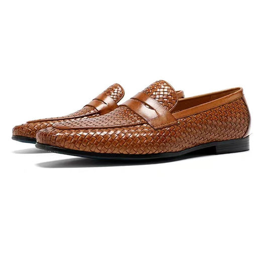 Summer Genuine Leather Breathable Woven Loafers Shoes