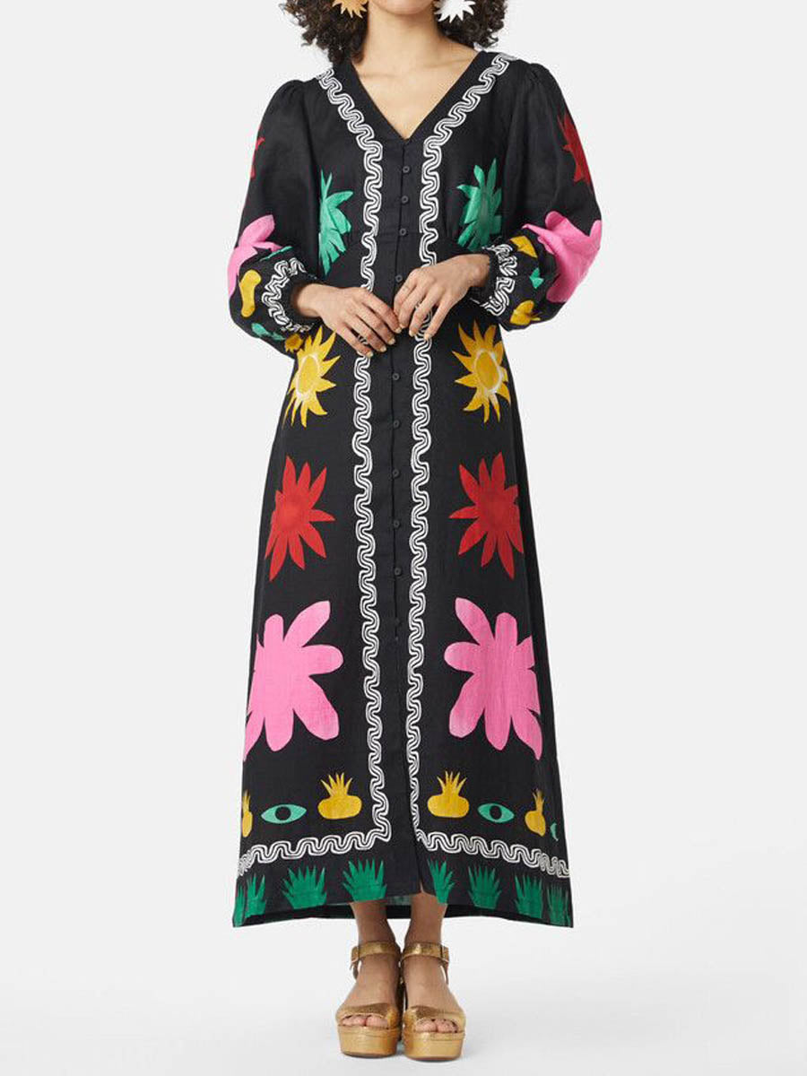 Deep V Neck Printed Bell Sleeve Maxi Dress