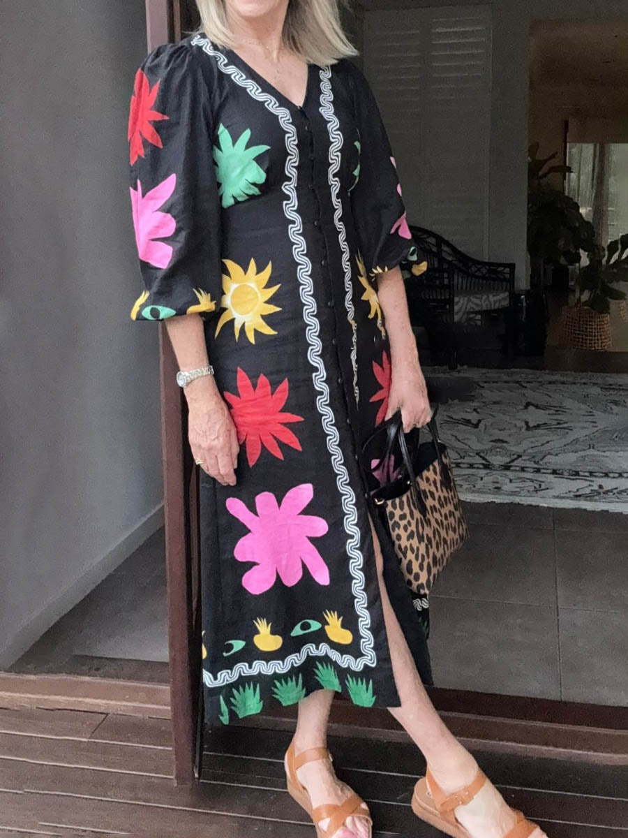Deep V Neck Printed Bell Sleeve Maxi Dress