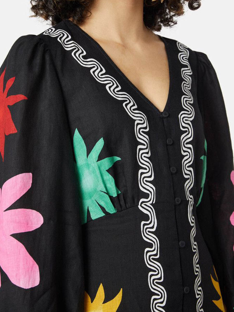 Deep V Neck Printed Bell Sleeve Maxi Dress