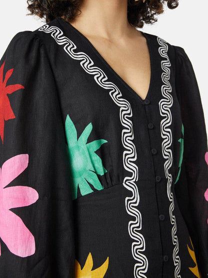 Deep V Neck Printed Bell Sleeve Maxi Dress