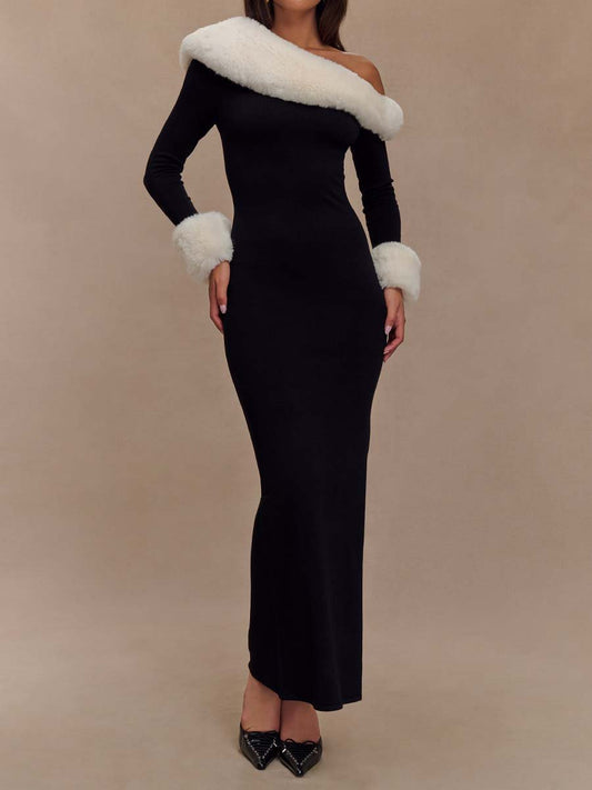 Faux Fur Knit Long Sleeve Maxi Dress