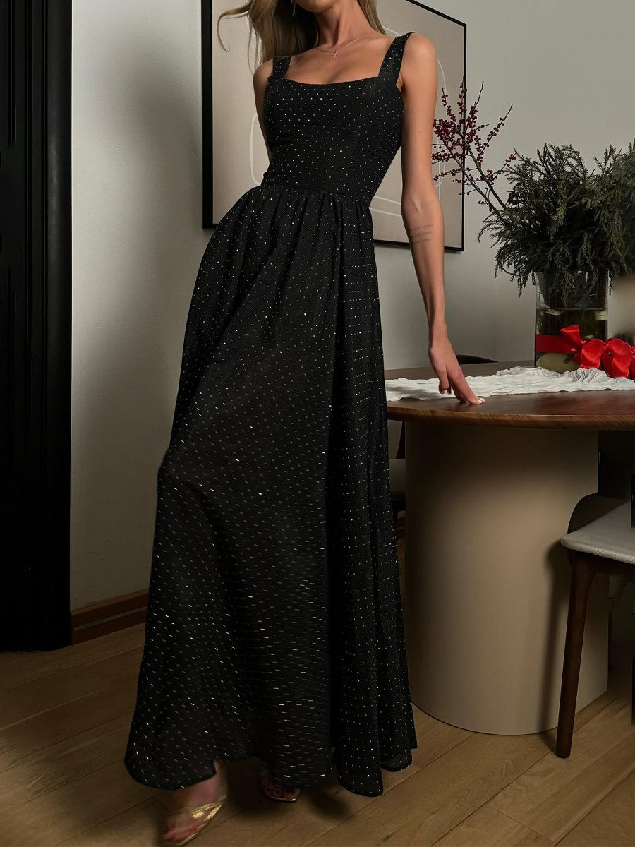 Square Collar Rhinestone Sparkle Party Maxi Dress